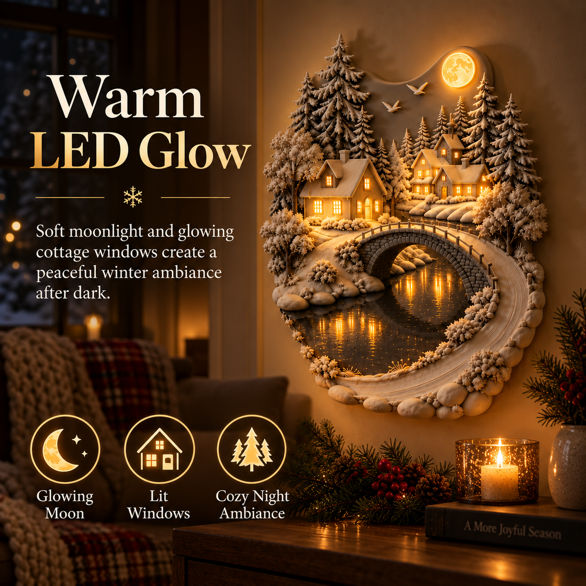Warm LED glow in cottage windows