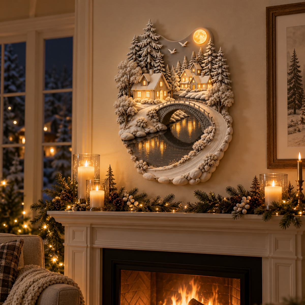 Village sculpture displayed near fireplace