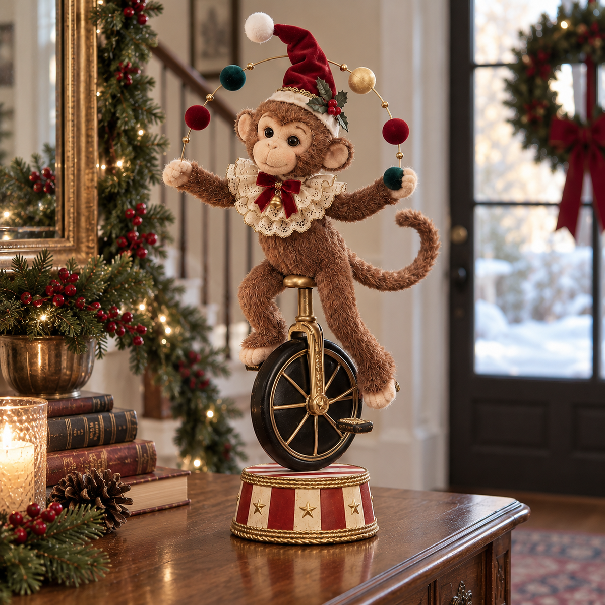 Vintage circus monkey on unicycle displayed on a wooden table