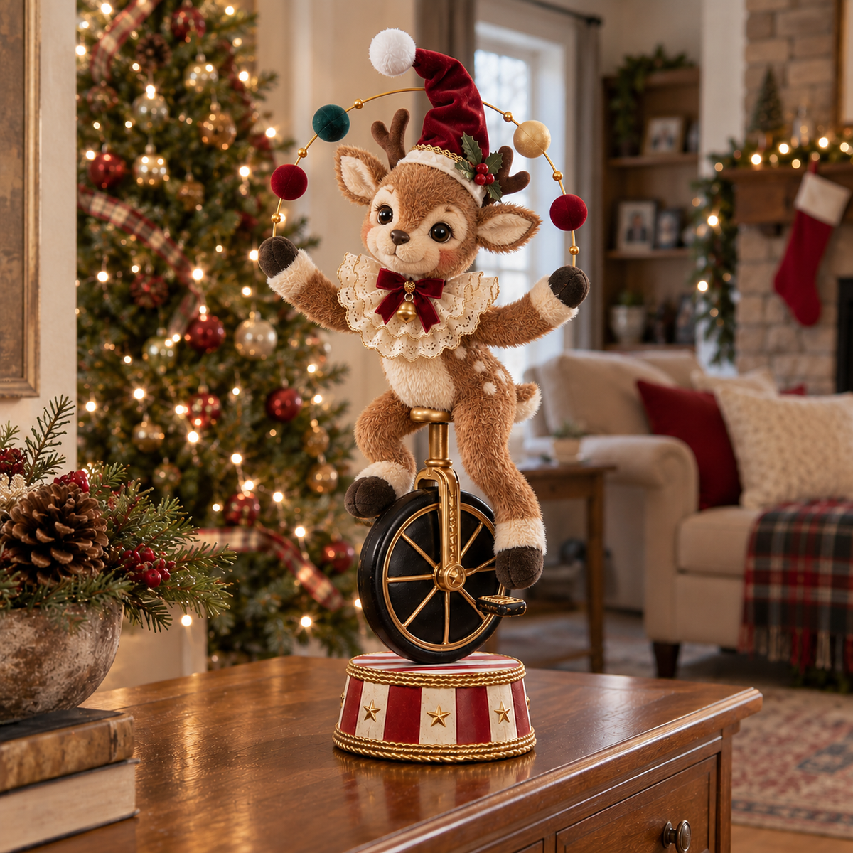 Reindeer circus figurine in a Christmas living room