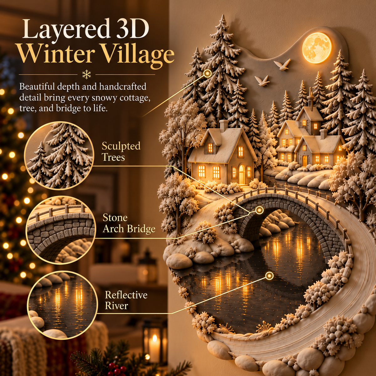 Layered winter village close-up details