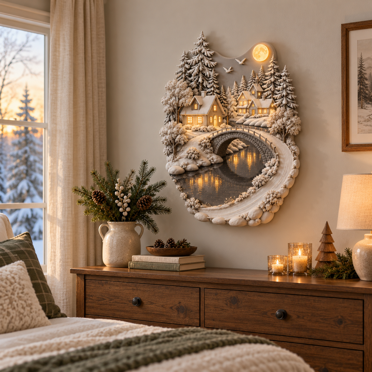 Village wall decor above bedroom dresser