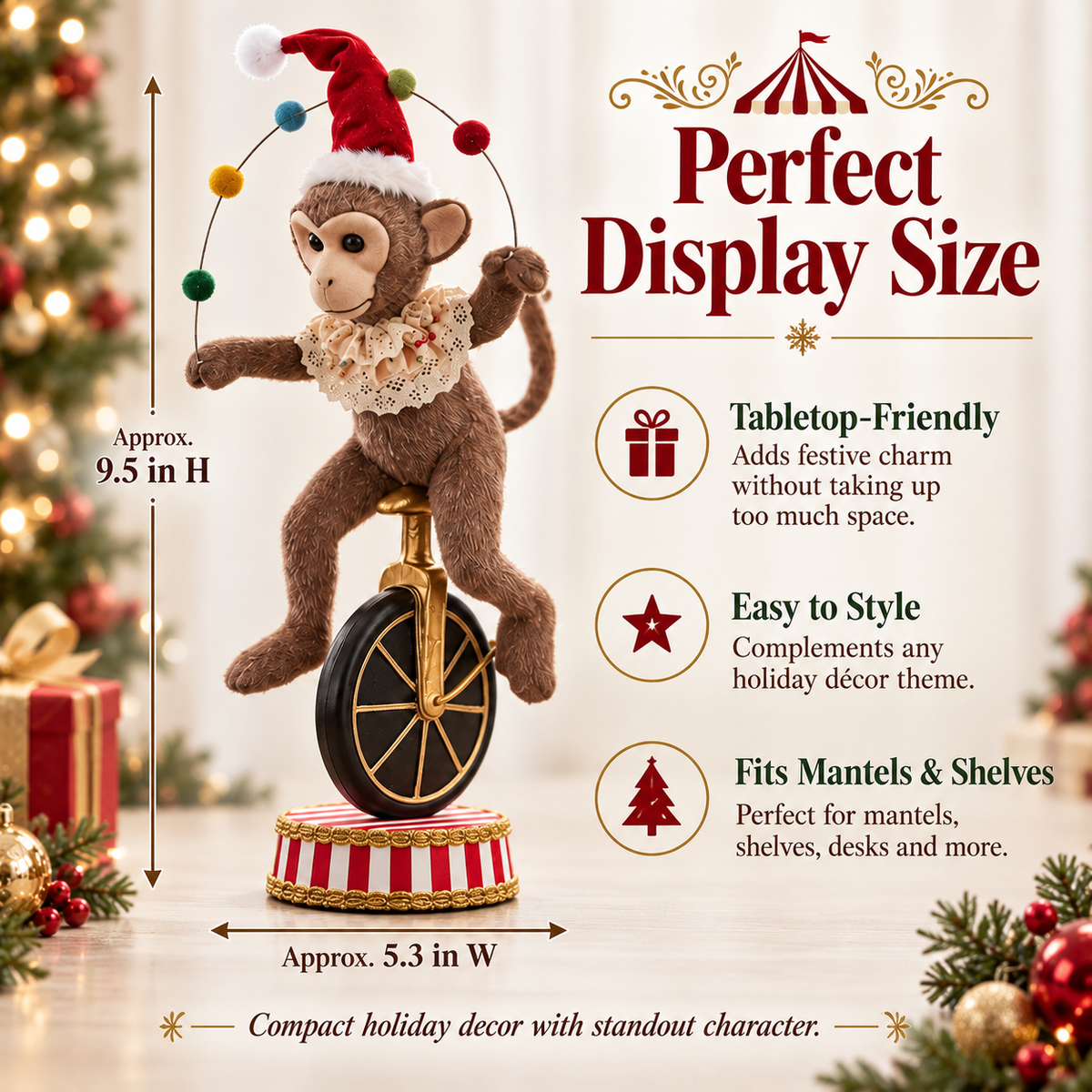 Approximate size diagram for Christmas circus monkey figurine