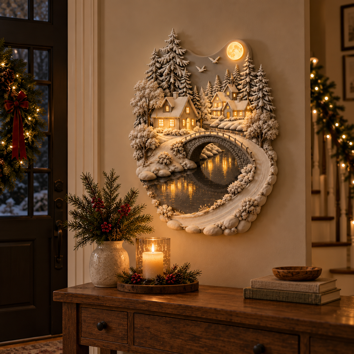 Illuminated winter village in an entryway