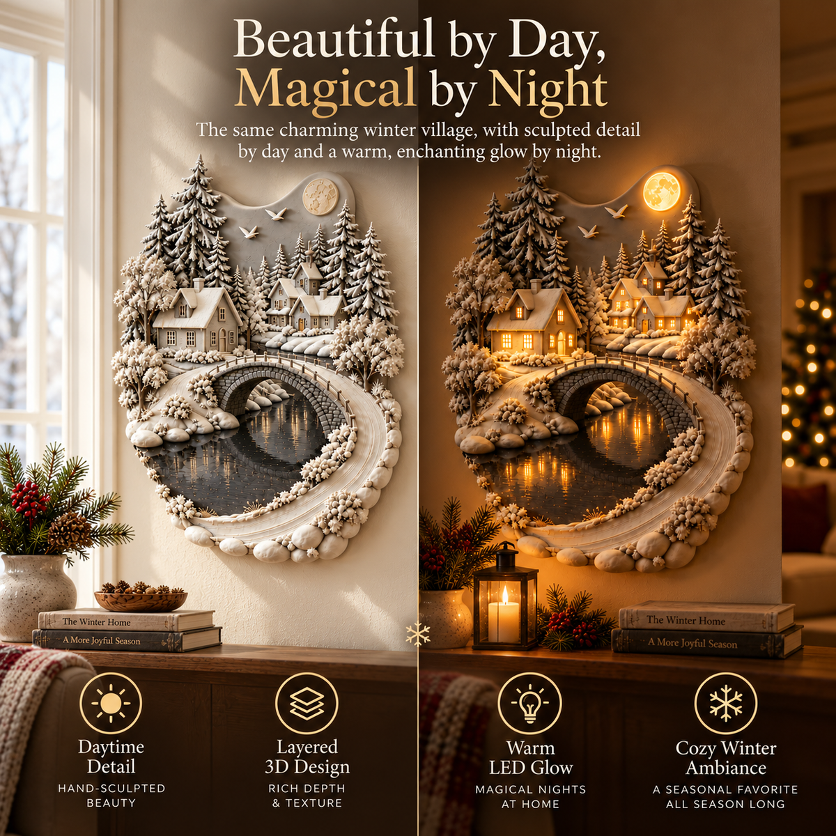 Day-to-night winter village wall sculpture