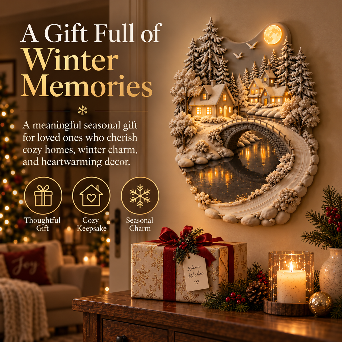 Winter village seasonal gift illustration